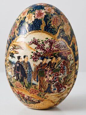 Vintage Royal Satsuma Japanese Moriage Egg Vase Hand Painted Geisha 6.5”
